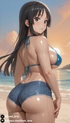 1girls ai_generated ass beach bikini bikini_top breasts denim_shorts gumi_arts k-on! large_breasts looking_at_viewer looking_back mio_akiyama_(k-on!) oiled outdoors shorts solo stable_diffusion thick_thighs