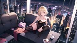 17_studio 2023 ai_generated big_breasts blonde_hair blue_eyes breasts city_background couch game_cg hentai_project keiko_(hentai_project) legwear lingerie living_room night official_art open_legs open_mouth purse short_hair sky stars tagme teapot