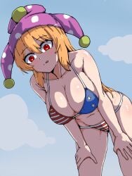 1girls american_flag american_flag_bikini big_breasts bikini blonde_hair breasts clouds clownpiece ehehe52921343 hat jester_hat light-skinned_female long_hair red_eyes sky solo solo_female thick_thighs thighs touhou