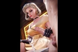 1boy 1girls 3d black_bars blizzard_entertainment clothed_female dress earrings female from_below from_below_view gloves golden_dress handjob light-skinned_female light-skinned_male low-angle_view male meltoriku mercy no_sound overwatch overwatch_2 red_lipstick straight tagme video