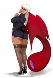 1girls artist_website ass dark-skinned_female dark_skin female female_only heels hi_res long_hair looking_at_viewer nofuture office_lady red_eyes red_lipstick smiling smiling_at_viewer solo stockings tail thick_ass thick_thighs url white_background white_hair wings