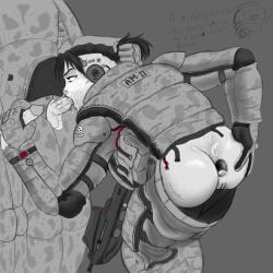 1girls 2boys after_anal anal_gape blowjob cum cum_in_ass cum_on_face cybernetics female handjob male military_uniform original_character weapon