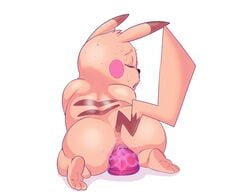 3_toes anal anal_sex anthro anus ass barefoot black_nose closed_eyes dildo dildo_sitting ero eroborus kneeling lube male mammal nintendo nude open_mouth orgasm_face penetration pikachu pokémon_(species) pokemon rear_view rodent sex sex_toy soles solo sweat thick_thighs toes video_games