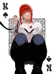 blacked chainsaw_man collar female female_only helltoyou light-skinned_female lingerie makima_(chainsaw_man) orange_hair poker_cards queen_of_spades smile smiling tattoo underwear x-ray