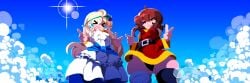 2girls areolae blonde_hair breasts brown_hair embarrassed erect_nipples female female_focus female_only hair_ornament iris_(konosuba) kono_subarashii_sekai_ni_shukufuku_wo! long_hair looking_at_viewer megumin outdoors pixel_art red_dress short_hair tamaco thick_thighs wide_hips