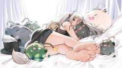 ass barefoot blush casino_(casinoep) fan_mascot_(vtuber) feet feet_together foot_fetish foot_focus hololive hololive_gen_5 hololive_japan kemonomimi lying_on_bed lying_on_side nail_polish shishiro_botan silver_hair skirt soles ssrb tail toes twintails virtual_youtuber