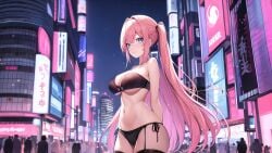 17_studio 2020s 2023 ai_generated airi_(hentai_project) arms_behind_back big_breasts blue_eyes bra breasts city city_background crowd game_cg garter_straps hentai_project legwear lingerie long_hair night official_art panties pink_hair ponytail sky standing stars tagme