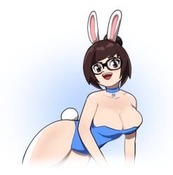 blizzard_entertainment blue_clothes brown_eyes brown_hair bunny_costume bunny_ears bunnysuit glasses looking_at_viewer mei-ling_zhou mei_(overwatch) mei_ling_zhou overwatch overwatch_2 selvish94 smiling_at_viewer