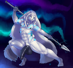 2017 5_fingers 5_toes abs abstract_background absurd_res anthro balls balsk_nose biceps big_balls big_penis black_nipples black_penis blue_eyes electricity front_view fur hair half-erect hi_res humanoid_penis lagomorph long_hair looking_at_viewer male male_only mammal markings melee_weapon muscular muscular_male navel nipple_piercing nipples nude pecs penis piercing polearm pose pubes rabbit solo spear tattoo toes weapon white_fur white_hair zerolativity