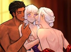 1boy 2girls bare_back bare_shoulders bisexual_female blurry blurry_background blush braid breasts claude_von_riegan dark-skinned_male dark_skin edelgard_von_hresvelg ffm_threesome fire_emblem fire_emblem:_three_houses green_eyes group_sex highres long_hair looking_at_another loose_clothes lysithea_von_ordelia medium_breasts multiple_girls open_mouth purple_eyes purple_robe red_robe robe sethkiel small_breasts smile threesome topless_male white_hair