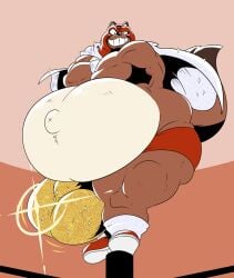 anthro balls belly big_balls big_belly big_bulge brown_body bulge canid canine cape clothing crossed_arms dai_(a-side) detailed_bulge footwear genitals grin hi_res huge_balls huge_belly huge_bulge male mammal mask overweight overweight_anthro overweight_male raccoon_dog reagan700 shoes smile solo sports_mask sportswear tanuki underwear wrestling_mask