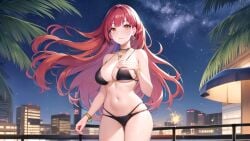 17_studio 2023 ai_generated big_breasts blush breasts city_background earrings ema_(hentai_project) fireworks game_cg green_eyes hentai_project long_hair night official_art red_hair sky smile standing stars swimsuit tagme