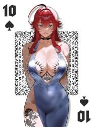 1girls ai_generated blacked blue_eyes breasts dress female female_only helltoyou high_school_dxd luxury poker_cards red_hair rias_gremory smile sperm_cell tattoo tattoos