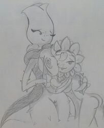 2girls anthro ass breast_grab breast_press breasts hugging lesbian looking_at_viewer monochrome one_eye_closed plantie plants_vs_zombies plants_vs_zombies:_garden_warfare plants_vs_zombies:_heroes pussy rose rose_(pvz) smile solar_flare_(pvz) tongue_out vagina yuri