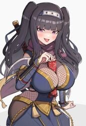 1girls between_breasts big_breasts black_hair breasts female fire_emblem fire_emblem_awakening fire_emblem_heroes gonzarez highres large_breasts long_hair nintendo object_between_breasts official_alternate_costume pop_can purple_eyes soda_can solo tharja_(fire_emblem) tongue tongue_out twintails