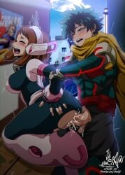 ass blush bodysuit boku_no_hero_academia brown_eyes closed_eyes clothed_sex cum cum_in_pussy cum_inside ejaculation erection footwear huge_ass kaw3r large_breasts my_hero_academia ochako_uraraka open_mouth pink_boots sex sex_from_behind spread_legs thick_thighs thighhighs thighs tongue tongue_out torn_bodysuit torn_clothes uncensored wide_hips