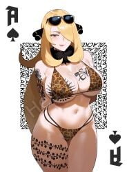 1girls ai_generated bikini blacked blonde_female blonde_hair cynthia_(pokemon) female female_only glasses helltoyou pokemon poker_cards queen_of_spades smile tattoo tiger