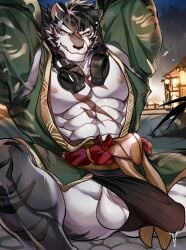 1boy abs animal_ears ao_(chung0u0) arms_behind_head arms_up bara black_fundoshi bulge cross_scar cuffs erection erection_under_clothes fundoshi furry furry_male highres japanese_clothes looking_at_viewer male_focus multiple_scars muscular muscular_male nipples on_floor pectorals scar scar_across_eye scar_on_chest scar_on_face scar_on_nose scar_on_stomach sdorica shackles sitting testicles tiger_boy tiger_ears tiger_stripes yao_(sdorica)