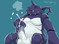 anthro balls breath closed_eyes cum cumshot ejaculation emurrgency erection front_view glans horn humanoid_penis male male_only masturbation musclegut nidoking nintendo orgasm penile_masturbation penis pokemon pokemon_(species) precum scalie signature simple_background sitting solo sweat sweatdrop video_games