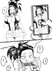 1boy 1girls amano44 big_breasts censored hair_grab head_grab hero_outfit_(mha) hypnosis leotard long_hair looking_at_viewer mind_control momo_yaoyorozu my_hero_academia oral penis phone ponytail rape sex sweat