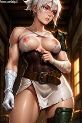 1girls ai_generated bandage bandaged_arm belt breasts breasts_out brown_eyes female female_only fit_female from_below greaves league_of_legends league_of_legends:_wild_rift looking_away medium_breasts mostly_clothed muscular_female nipples patreon pubic_hair_peek riot_games ripped_clothing riven salupai short_hair short_ponytail solo solo_female standing thighs uncensored watermark white_hair