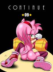 2016 absurd_res amy_rose amy_rose_(boom) andersonicth anthro ass back_boob black_nose breasts clothing english_text female footwear gloves green_eyes hair half-closed_eyes hammer headband hedgehog hi_res legwear mammal naughty_face nude piko-piko_hammer piko_piko_hammer pink_hair pussy short_hair signature sitting smile solo sonic_(series) sonic_boom text tongue tongue_out tools video_games