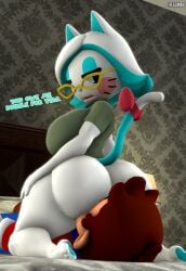 3d annoyed anthro anthro_on_human ass bed bedroom big_ass big_breasts bowtie breasts cat_tail clothed facesitting feline glasses karen_(smg4) looking_at_another looking_back mario pantsless relliksb sfm smg4 source_filmmaker talking_to_another talking_to_partner text watermark