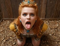 ai_generated anna_henrietta blonde_hair crown earrings female imminent_oral kneeling light-skinned_female looking_at_viewer open_mouth qintin solo the_witcher_(series) the_witcher_3:_wild_hunt tongue_out