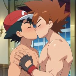 ai_generated gary_oak gay nsfw satoshi_(pokemon) tease teasing yaoi