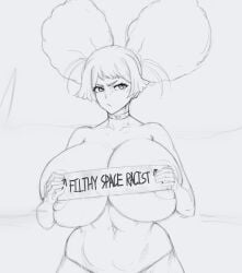 1girls big_breasts chuatury_panlunch chuchu gundam gundam_suisei_no_majo holding_sign huge_breasts looking_at_viewer monochrome sketch supersolenoid tagme voluptuous