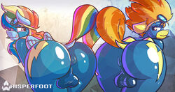 2016 absurd_res anthro anus ass bent_over bodysuit bulge clothing dickgirl dock duo equine eyewear feathered_wings feathers friendship_is_magic goggles hair hi_res intersex licking licking_lips long_hair mammal multicolored_hair my_little_pony orange_hair pegasus rainbow_dash_(mlp) rainbow_hair smile spitfire_(mlp) straight_hair tight_clothing tongue tongue_out two_tone_hair whisperfoot wings wonderbolts_(mlp) wonderbolts_uniform