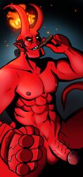 artist_request balls bara boner demon erection facial_hair hellboy hellboy_(series) male male_only muscles muscular nude penis sideburns solo solo_male