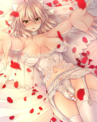 blonde_hair bow bride choker collarbone fate/grand_order fate_(series) female garter_belt garter_straps hairbow highres looking_at_viewer mia_(gute-nacht-07) midriff navel nipple_slip nipples on_bed petals pussy_cutout sakura_saber solo thighhighs veil white_bow yellow_eyes