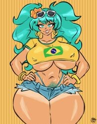 big_breasts blue_eyes brazilian brazilian_miku earrings erect_nipples female female_only hatsune_miku long_hair maikyoh meme panties pubic_hair shorts smile smiling sunglasses tagme tanned_skin vocaloid