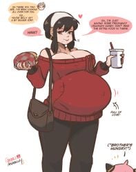 1girls anya_forger arbrianarchy big_belly big_breasts black_hair bloated_belly blush burger cleavage clothed clothing colored crumbs eating female female_focus loid_forger milf mother_and_daughter navel outie_navel pregnant ready_to_pop red_eyes spelling_error spy_x_family wholesome yor_briar