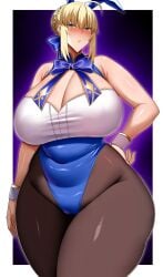 1girls ahoge alternate_breast_size arind_yudha artoria_pendragon blonde_hair blush breasts bunny_ears bunnysuit cameltoe cleavage fake_animal_ears fate/stay_night fate_(series) female female_only hair_ribbon hand_on_hip honkai:_star_rail huge_breasts leotard light-skinned_female light_skin massive_breasts pantyhose solo