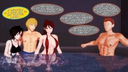2boys 2girls annoyed annoyed_expression arrancon black_hair black_hair_female blonde_hair brown_hair cardin_winchester half-dressed half_naked half_naked_female hot_spring jaune_arc long_hair long_hair_female one-piece_swimsuit pyrrha_nikos red_hair red_hair_female red_highlights ruby_rose rwby string_bikini swimming_trunks