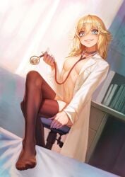 1girls belly_button blonde_hair blue_eyes chair coat doctor female female_only hair_ornament indoors kaneko_lumi light-skinned_female light_skin no_bra phase_connect phase_invaders room solo stethoscope teonanix virtual_youtuber white_coat