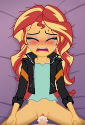 ai_generated blush bottomless closed_eyes clothed_sex clothing crying cum cum_in_pussy equestria_girls female female_focus forced human jacket leather_jacket lying messy_hair missionary missionary_position my_little_pony offscreen_character offscreen_male open_mouth penis pov rape sex show_accurate sunset_shimmer tears