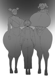 1boy 2girls artist_request black_and_white huge_breasts monochrome shorter_male tagme taller_girl voluptuous voluptuous_female