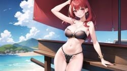 17_studio 2023 ai_generated beach bench big_breasts bra breasts clouds earrings ema_(hentai_project) game_cg hentai_project lingerie long_hair official_art panties parasol red_hair sky smile tagme umbrella water