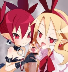 1boy 2girls blonde_hair blowjob disgaea double_handjob etna fellatio flonne handjob looking_at_partner octpus_tako penis red_eyes red_hair small_breasts threesome