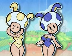 2girls arms_behind_head big_breasts blue_toad breasts bunny_ears bunnysuit cute dl_solarguy mario_(series) mob_face nintendo paper_mario posing rule_63 toad_(mario) yellow_toad