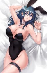 1girls absurdres animal_ears arm_up armpits bed_sheet big_breasts black_leotard blue_eyes blue_hair breasts bunnysuit byleth_(fire_emblem) byleth_(fire_emblem)_(female) cleavage covered_navel detached_collar female fire fire_emblem fire_emblem:_three_houses hazuki_(nyorosuke) highleg highleg_leotard highres large_breasts leotard looking_at_viewer lying navel nintendo on_back on_bed playboy_bunny rabbit_ears shiny_skin solo thigh_strap wrist_cuffs