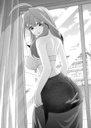 ahoge ass back bare_arms bare_back bare_shoulders big_ass big_breasts black_and_white bra breasts cleavage go-toubun_no_hanayome hair_ornament indoors kosmos_beta long_hair nakano_itsuki panties_under_pantyhose pants parted_lips shoulder_blades sideboob skirt_pull torn_pantyhose underwear undressing window