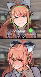 1girls blush continuation_at_paywall doki_doki_literature_club english_text facial_verification female female_focus female_only fully_clothed green_eyes hair hair_ornament imminent_flashing lewd_security_verification light-skinned_female light_skin looking_at_viewer looking_away meme monika_(doki_doki_literature_club) school_uniform spicytown text trend verification