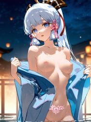 absurd_res aesthetic ai_generated blurry_background breasts female genshin_impact hair_ornament kamisato_ayaka kimono light_sky looking_at_viewer ministro neon onsen open_mouth partially_undressed pubic_tattoo shine solo tattoo tiny_nipples upper_body