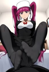 1boy 1girls ai_generated annoyed bedroom bleach blush choker clothed cum_on_feet cum_on_penis dokugamine_riruka embarrassed footjob fullbringer maid_uniform motion_lines novelai pink_hair poshdog small_breasts stockings