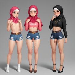 3boys ai_generated blush boys crop_top cum cum_in_mouth cum_on_face cute_face denim_shorts facial femboy hijab hijabi lipstick only_male topless torn_clothes torn_jeans torn_shorts