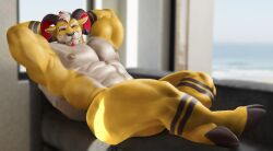 abs anthro asylum_rhapsody athlete beefy bicep bodybuilder boy buff calves couch furry gold hooves horns legs male muscle muscles muscular naked nude pecs pinup quads ram ransomone relax relaxing saltysips sheep solo_male swole thick thighs volt_(asylum_rhapsody) yellow